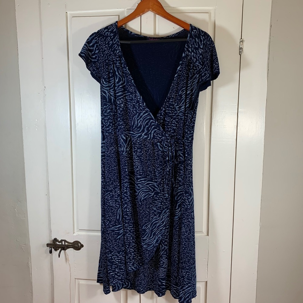 Fresh Produce Women's Blue Animal Print Wrap Dress Size L Short Sleeve Made USA
